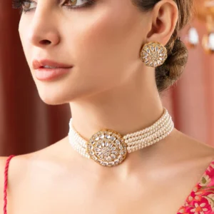 Shineva Gold Plated Elegant Kundan Choker Set With White Beads.