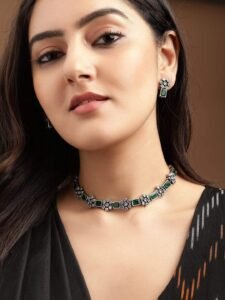 Shineva Oxidised Silver Plated Handcrafted Green Stone Floral Necklace Set