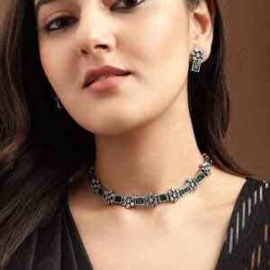 Shineva Oxidised Silver Plated Handcrafted Green Stone Floral Necklace Set