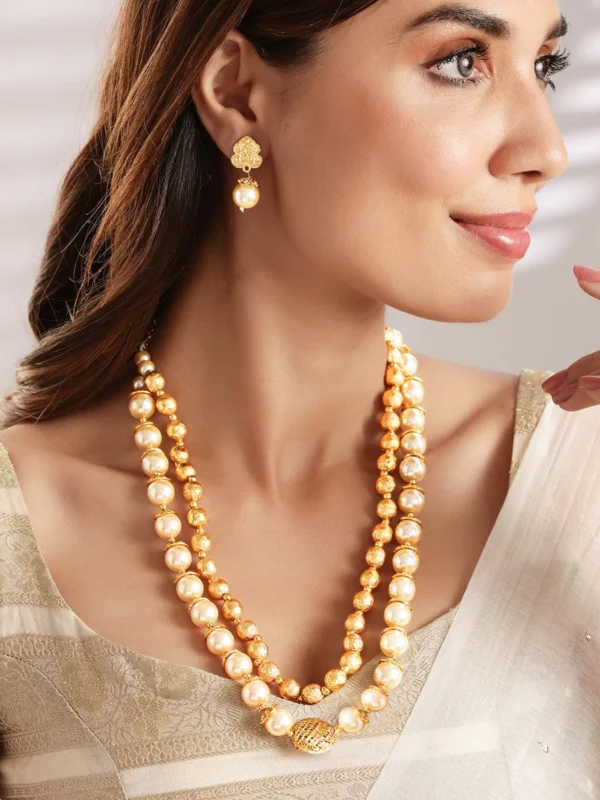 Shineva Traditional Handmade Pearl And Antique Gold Beads Strand Multilayer Necklace Set